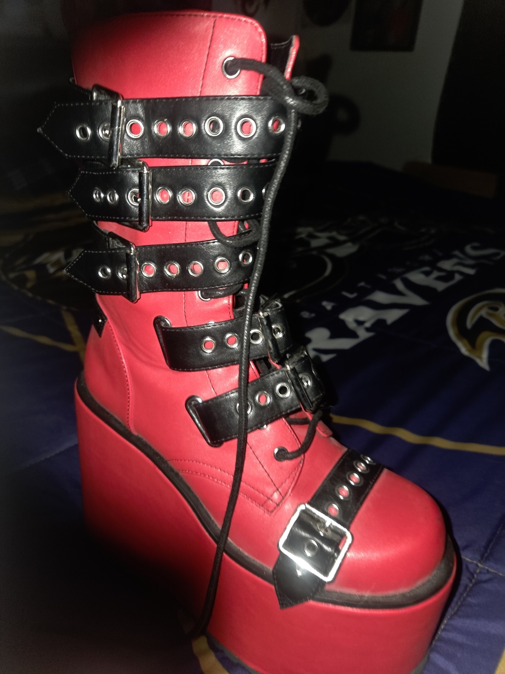 Red Platform Rave Lace-Up Buckle Boots - Women's Size 8